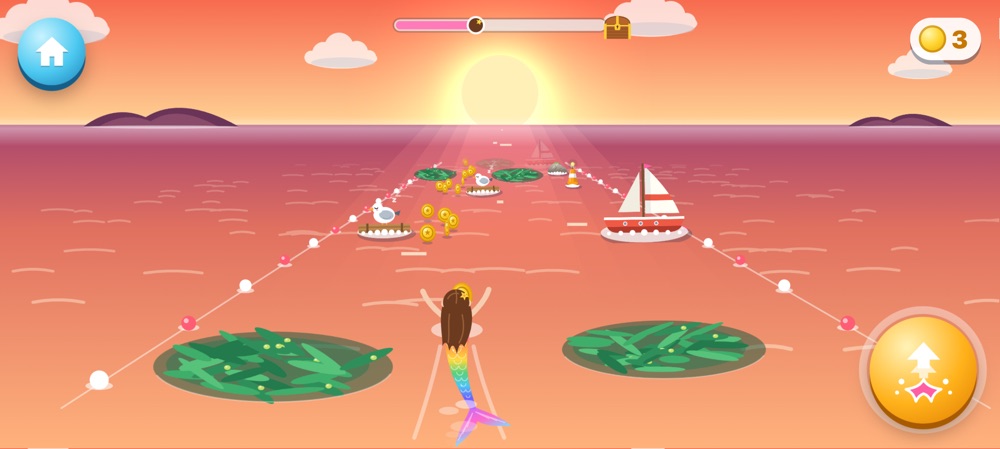 Splash Dash: Isabella swimming along the surface at sunset, past kelp, a gull and a sailing boat