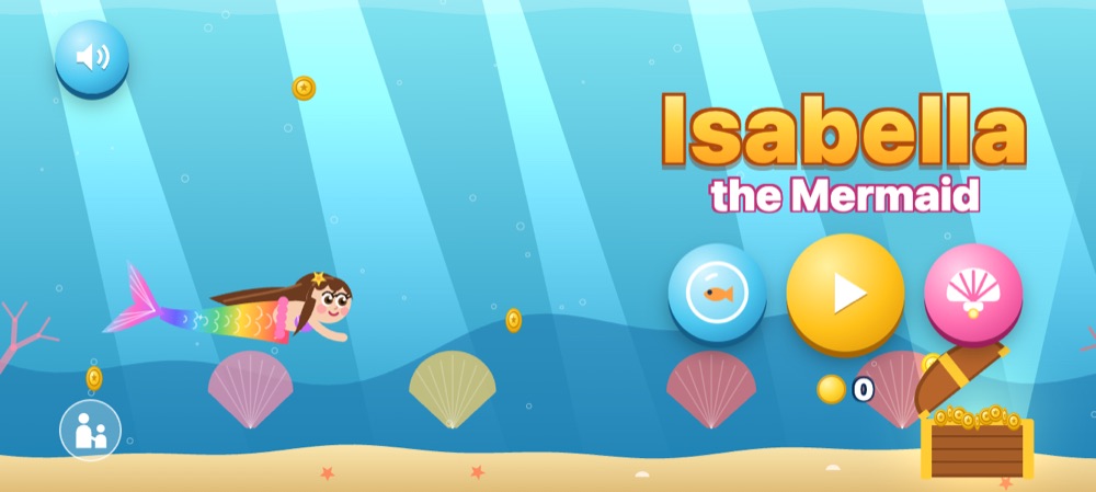 The Isabella Ocean title screen: Isabella the mermaid with three game buttons